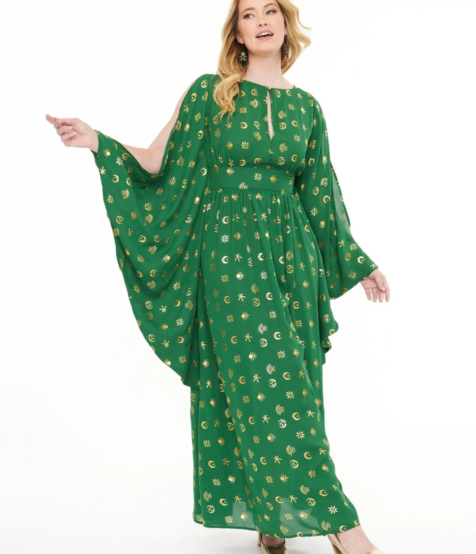 Unique Vintage Maxi|Caftans>Disney Hocus Pocus Collection by Green & Gold Moon Print Caftan