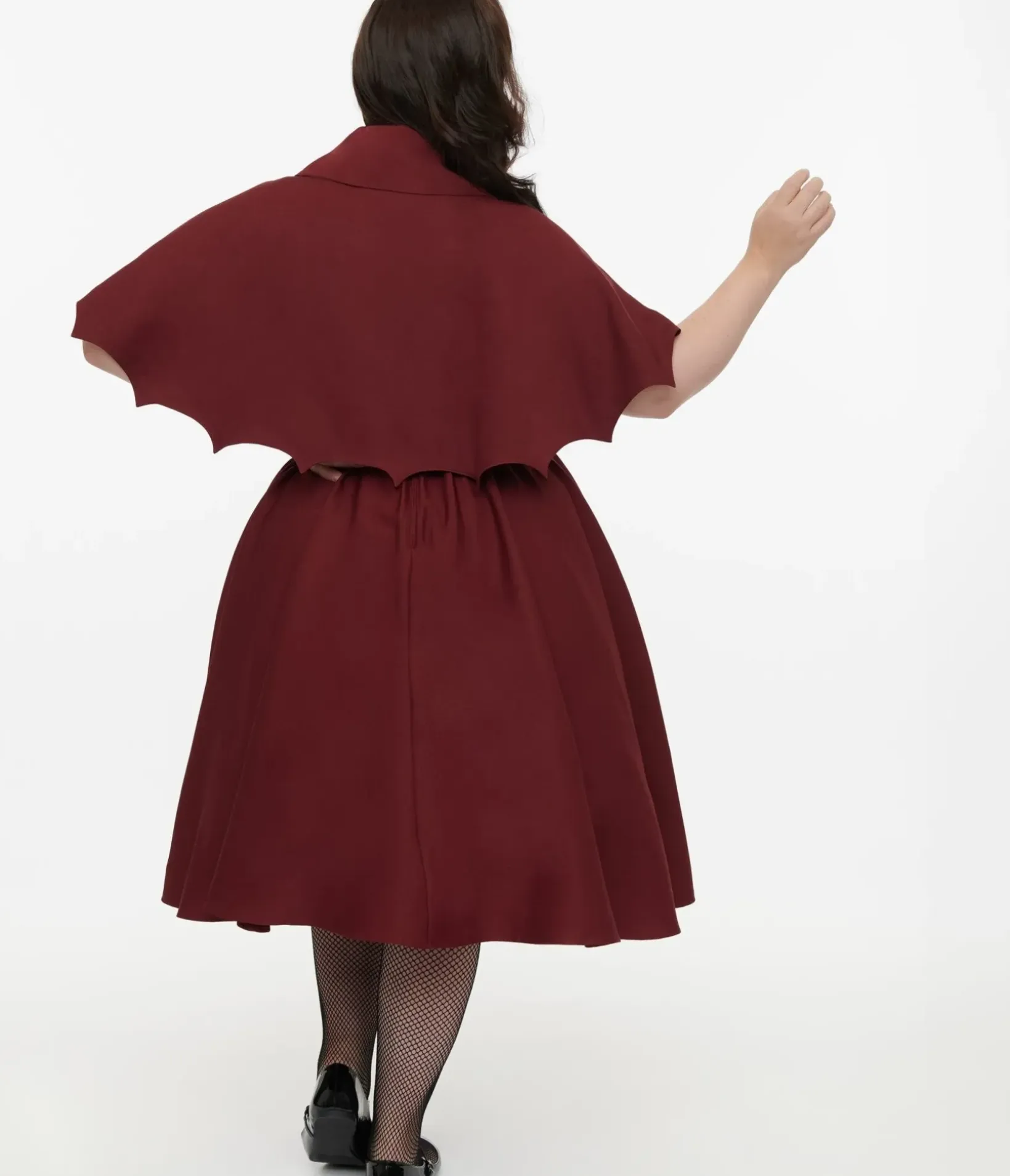Unique Vintage Swing|Swing>Disney Hocus Pocus Collection by Plus Size Burgundy & Grey Plaid Hocus Pocus Capelet Swing Dress