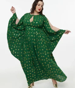 Unique Vintage Maxi|Caftans>Disney Hocus Pocus Collection by Plus Size Green & Gold Moon Print Caftan