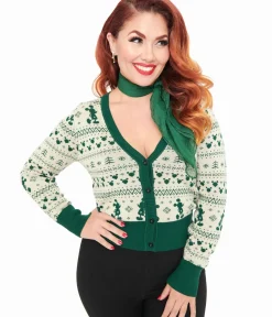Unique Vintage Sweaters & Cardigans>Disney Holiday Collection by Green Mickey Fair Isle Jacquard Sweater Cardigan