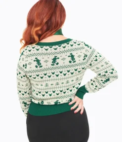 Unique Vintage Sweaters & Cardigans>Disney Holiday Collection by Green Mickey Fair Isle Jacquard Sweater Cardigan