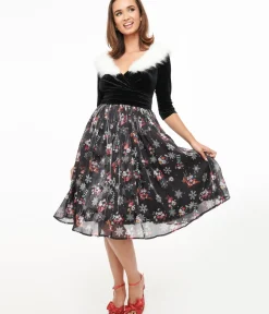 Unique Vintage Swing|Pocket Dresses>Disney Holiday Collection by Minnie & Mickey Fur Collared Marceline Swing Dress