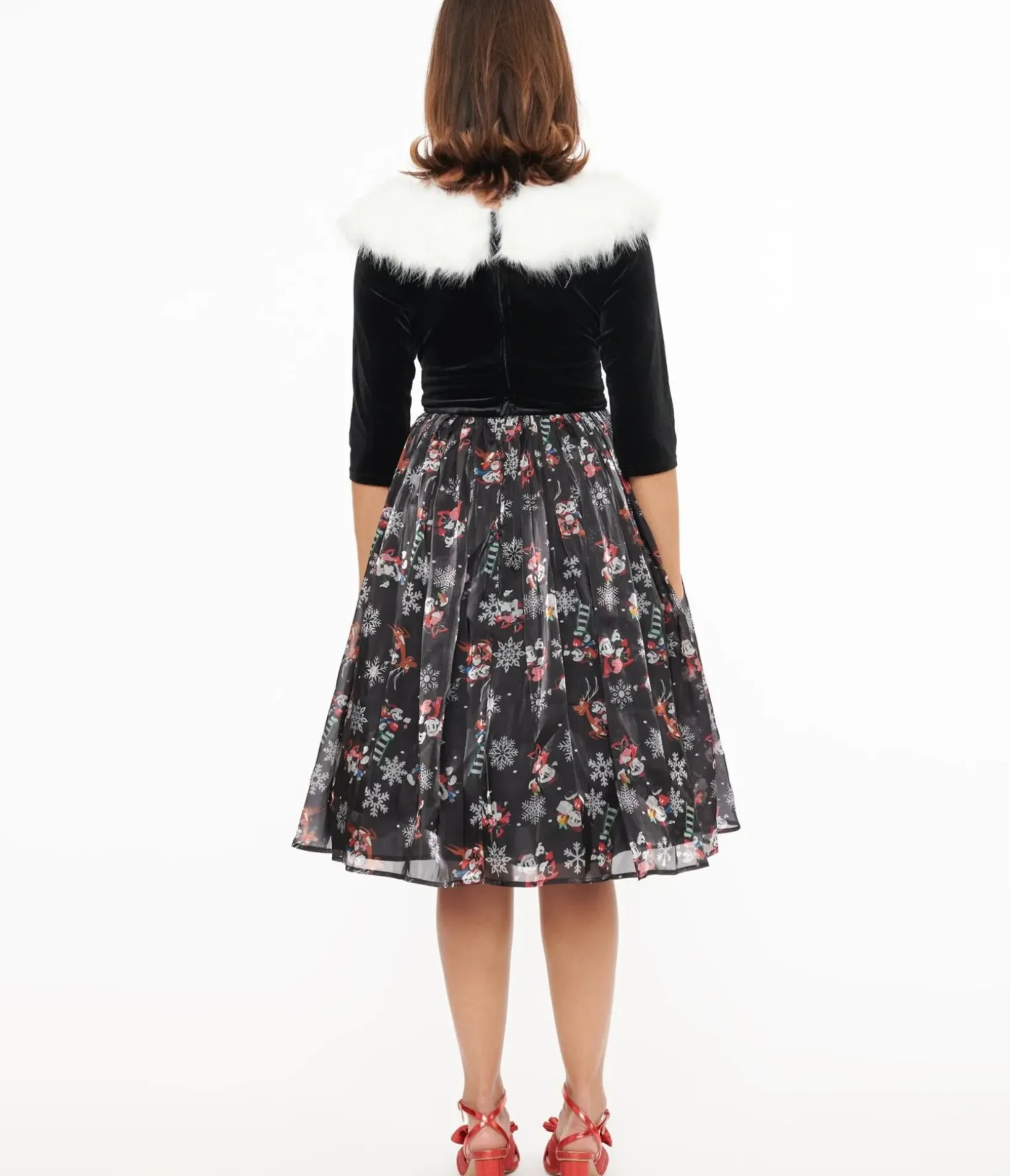 Unique Vintage Swing|Pocket Dresses>Disney Holiday Collection by Minnie & Mickey Fur Collared Marceline Swing Dress