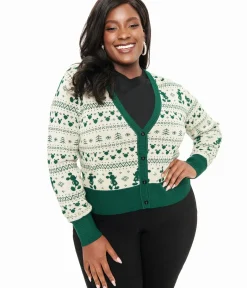 Unique Vintage Sweaters & Cardigans>Disney Holiday Collection by Plus Size Green Mickey Fair Isle Jacquard Sweater Cardigan
