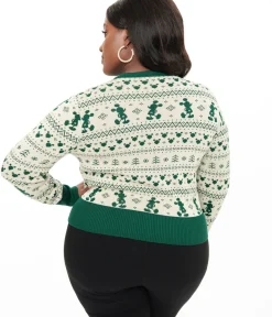 Unique Vintage Sweaters & Cardigans>Disney Holiday Collection by Plus Size Green Mickey Fair Isle Jacquard Sweater Cardigan