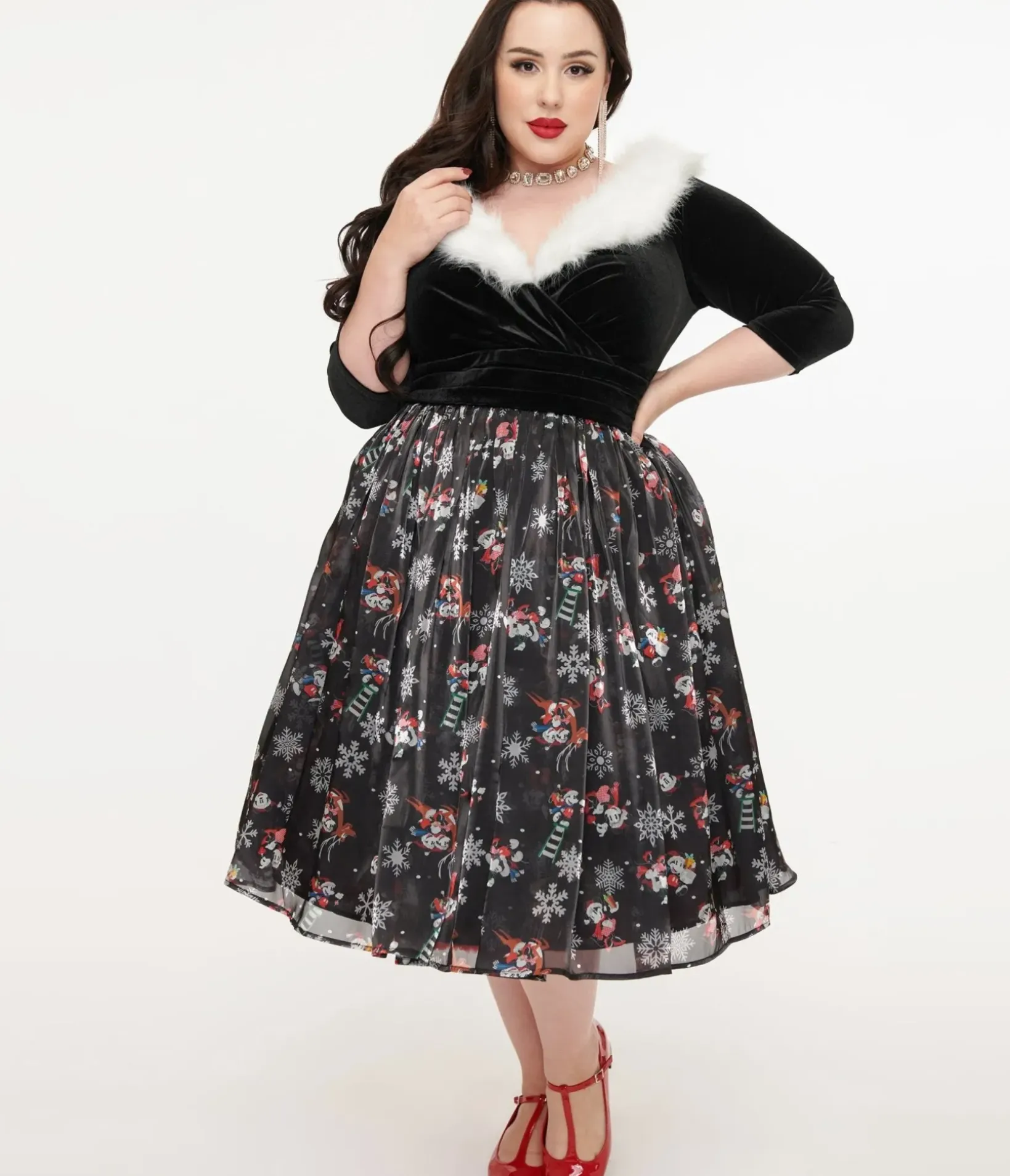 Unique Vintage Swing|Pocket Dresses>Disney Holiday Collection by Plus Size Minnie & Mickey Fur Collared Marceline Swing Dress