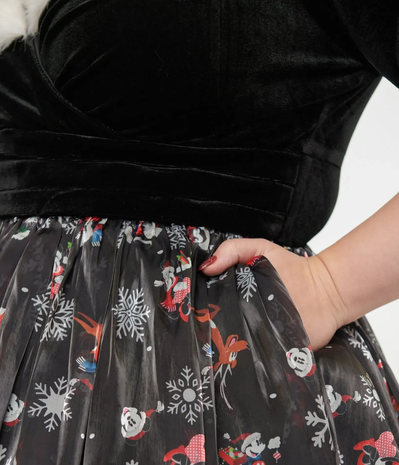 Unique Vintage Swing|Pocket Dresses>Disney Holiday Collection by Plus Size Minnie & Mickey Fur Collared Marceline Swing Dress