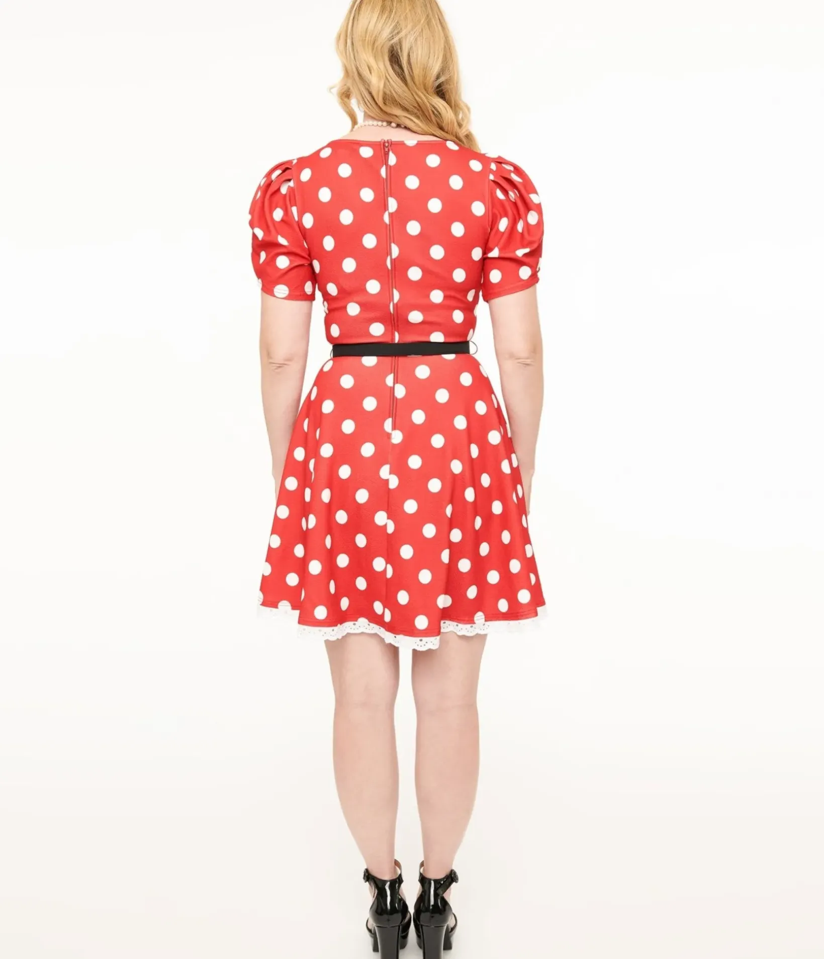 Unique Vintage Fit & Flare|Pocket Dresses>Disney Mickey & Friends Collection by Smak Parlour Red & White Polka Dot Minnie Mouse Flare Dress