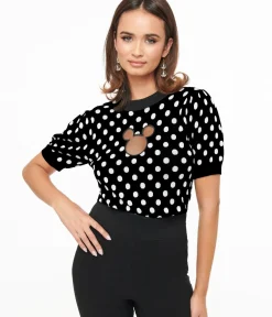 Unique Vintage Sweaters & Cardigans|Disney Bounding>Disney Mickey & Friends Collection by Black & White Polka Dot Mickey Mouse Cutout Sweater