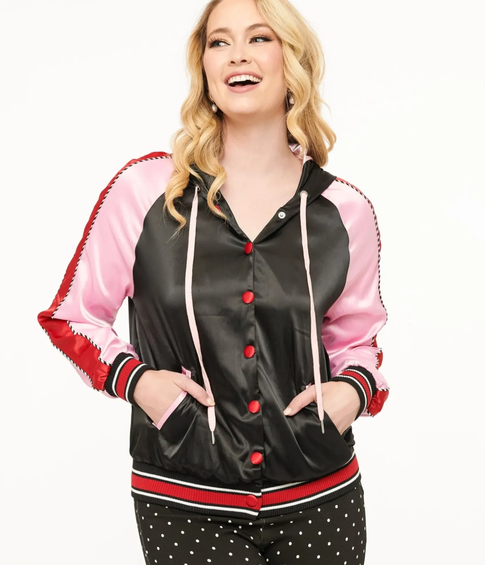 Unique Vintage Coats & Jackets>Disney Mickey & Friends Collection by Minnie Mouse Hooded Satin Bomber Jacket