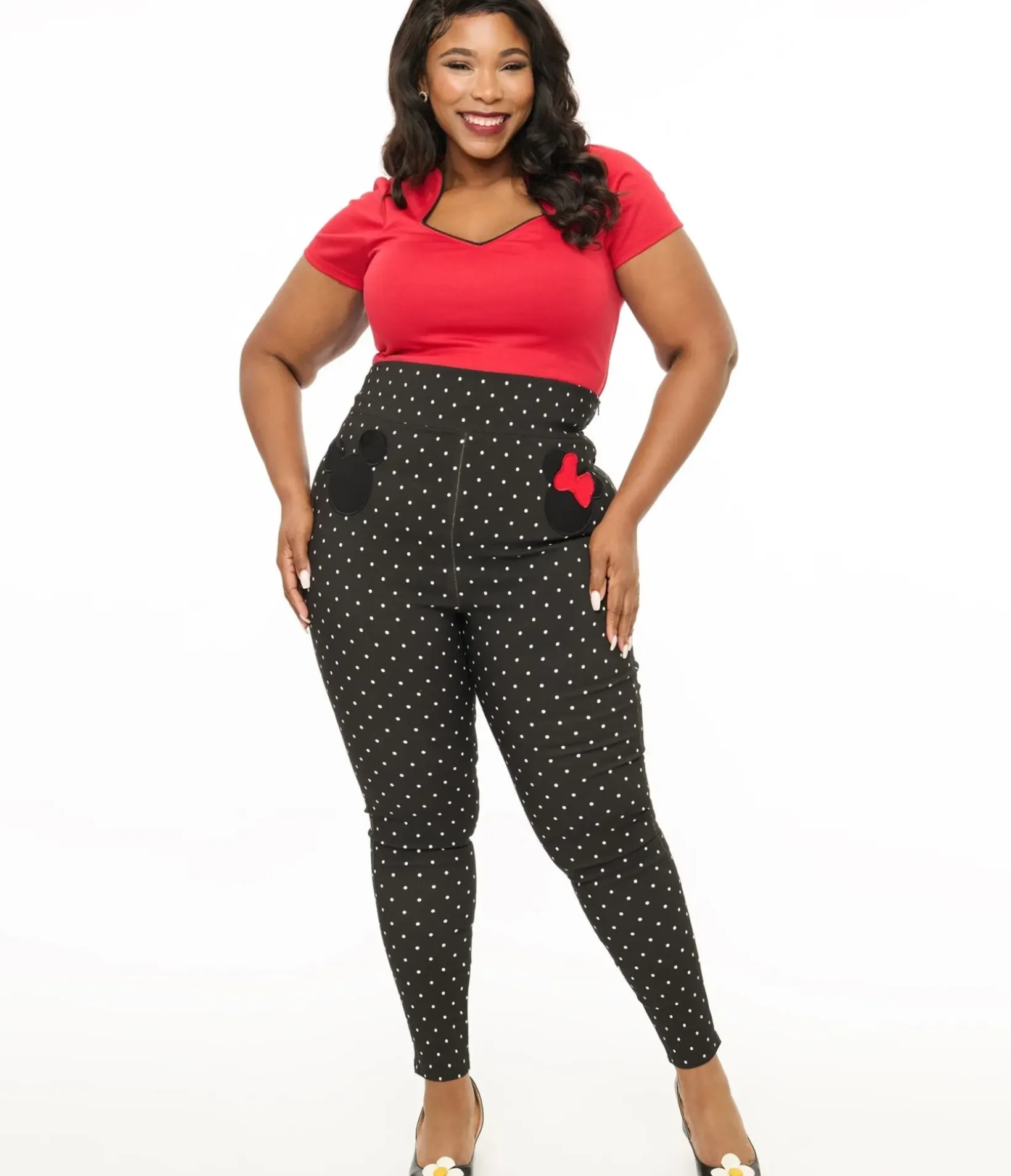 Unique Vintage Pants|Pants>Disney Mickey & Friends Collection by Plus Size Black & White Pin Dot Mickey & Minnie Mouse Pocket Rizzo Cigarette Pants