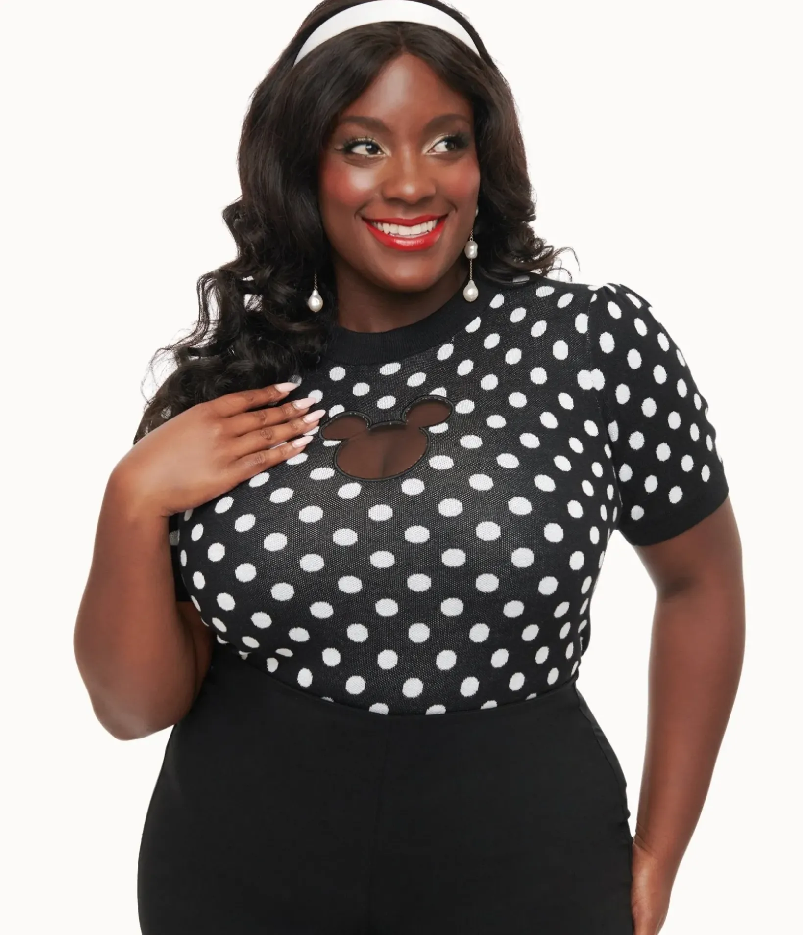 Unique Vintage Sweaters & Cardigans|Sweaters & Cardigans>Disney Mickey & Friends Collection by Plus Size Black & White Polka Dot Mickey Mouse Cutout Sweater