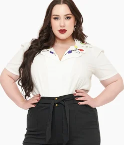 Unique Vintage Blouses|Blouses>Disney Mickey & Friends Collection by Plus Size Red Pin Dot Mickey Mouse Silhouette Cotton Blouse
