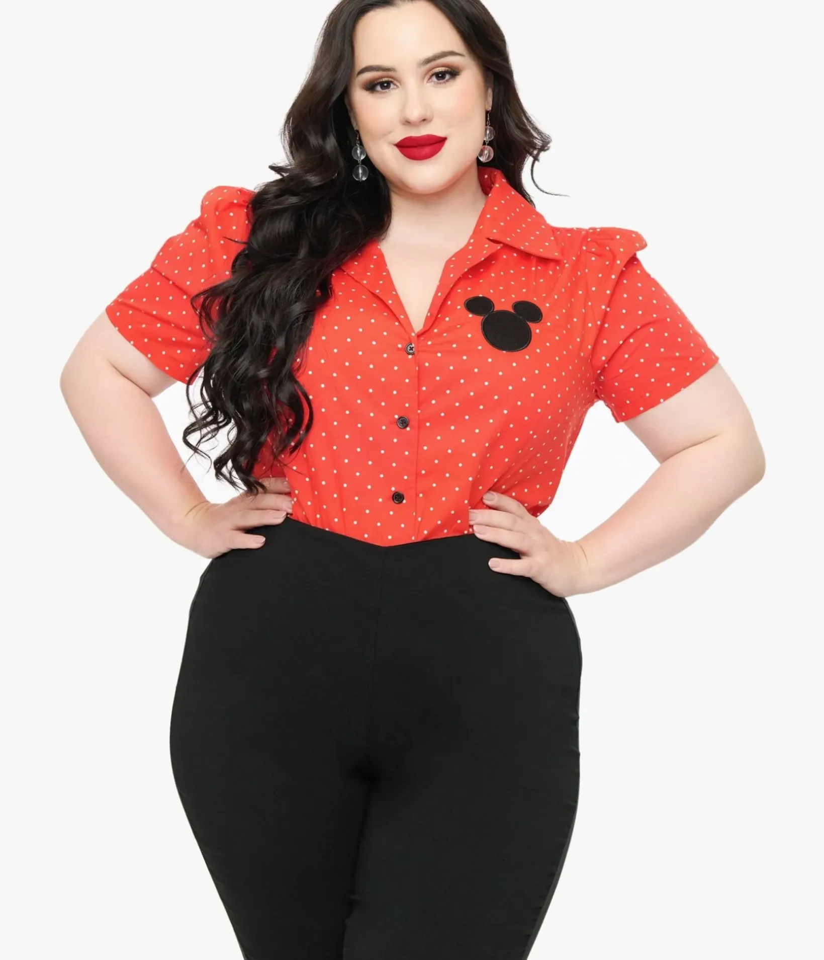 Unique Vintage Blouses|Blouses>Disney Mickey & Friends Collection by Plus Size White Minnie Mouse Stamp Print Gwen Blouse