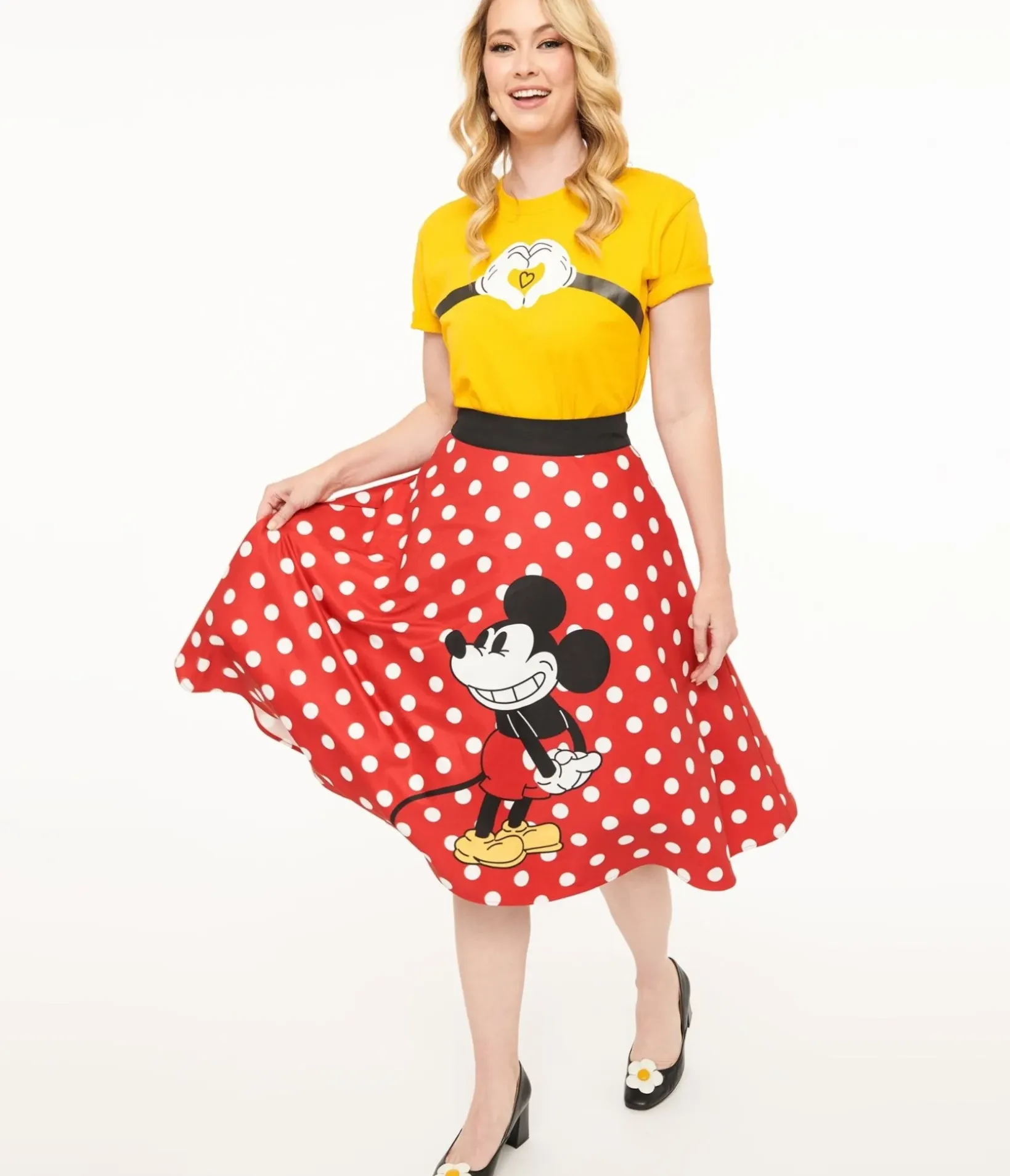 Unique Vintage Skirts|All Things Red>Disney Mickey & Friends Collection by Red & White Polka Dot Mickey Mouse Vivien Swing Skirt