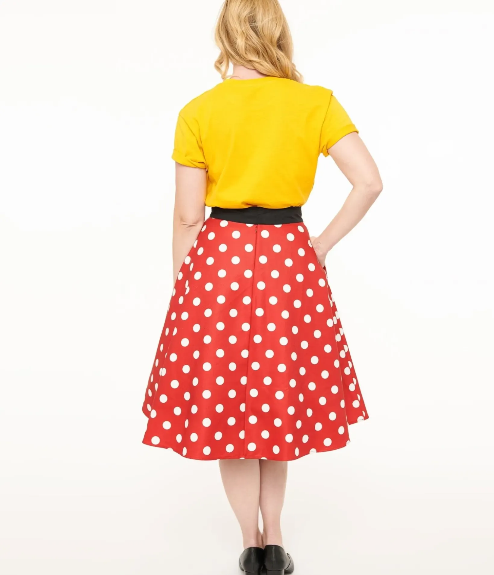 Unique Vintage Skirts|All Things Red>Disney Mickey & Friends Collection by Red & White Polka Dot Mickey Mouse Vivien Swing Skirt