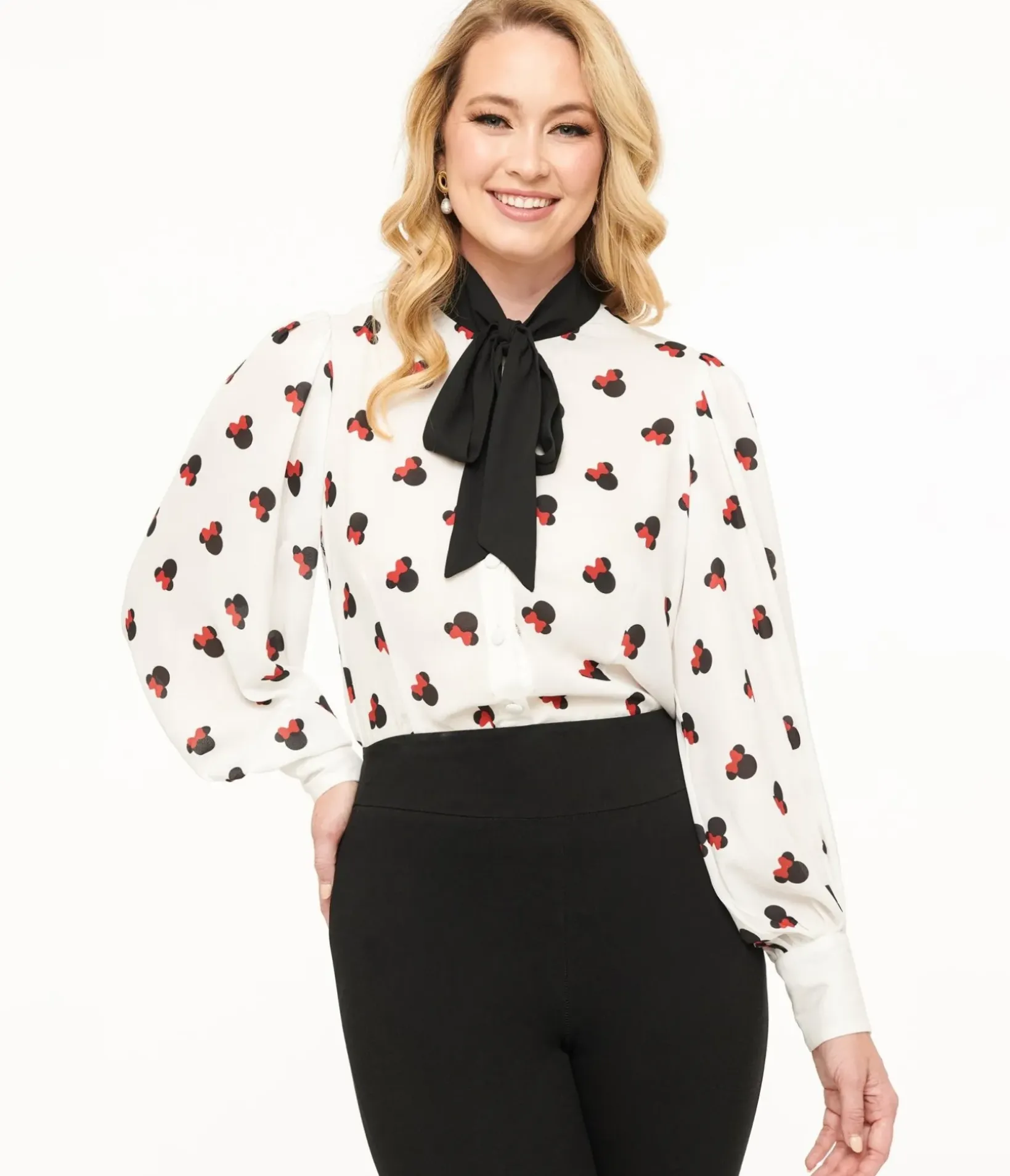 Unique Vintage Blouses|Work Wear>Disney Mickey & Friends Collection by White Minnie Mouse Stamp Print Gwen Blouse