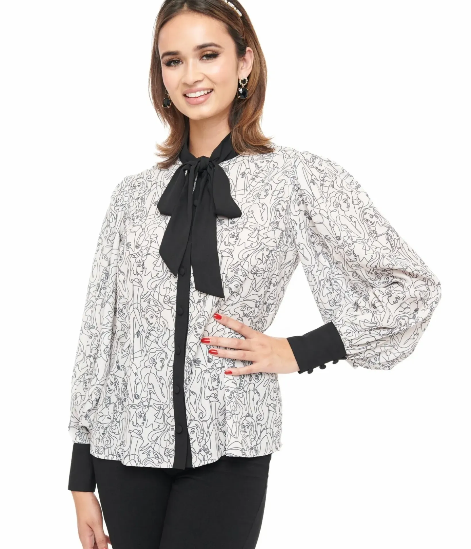 Unique Vintage Blouses|Work Wear>Disney Princess collection by Ivory & Black Princess Print Gwen Blouse
