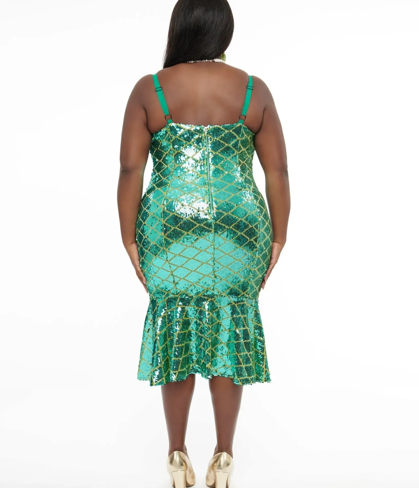 Unique Vintage Pencil|Pencil>Disney Princess collection by Plus Size Princess Ariel Green & Gold Sequin Wiggle Dress