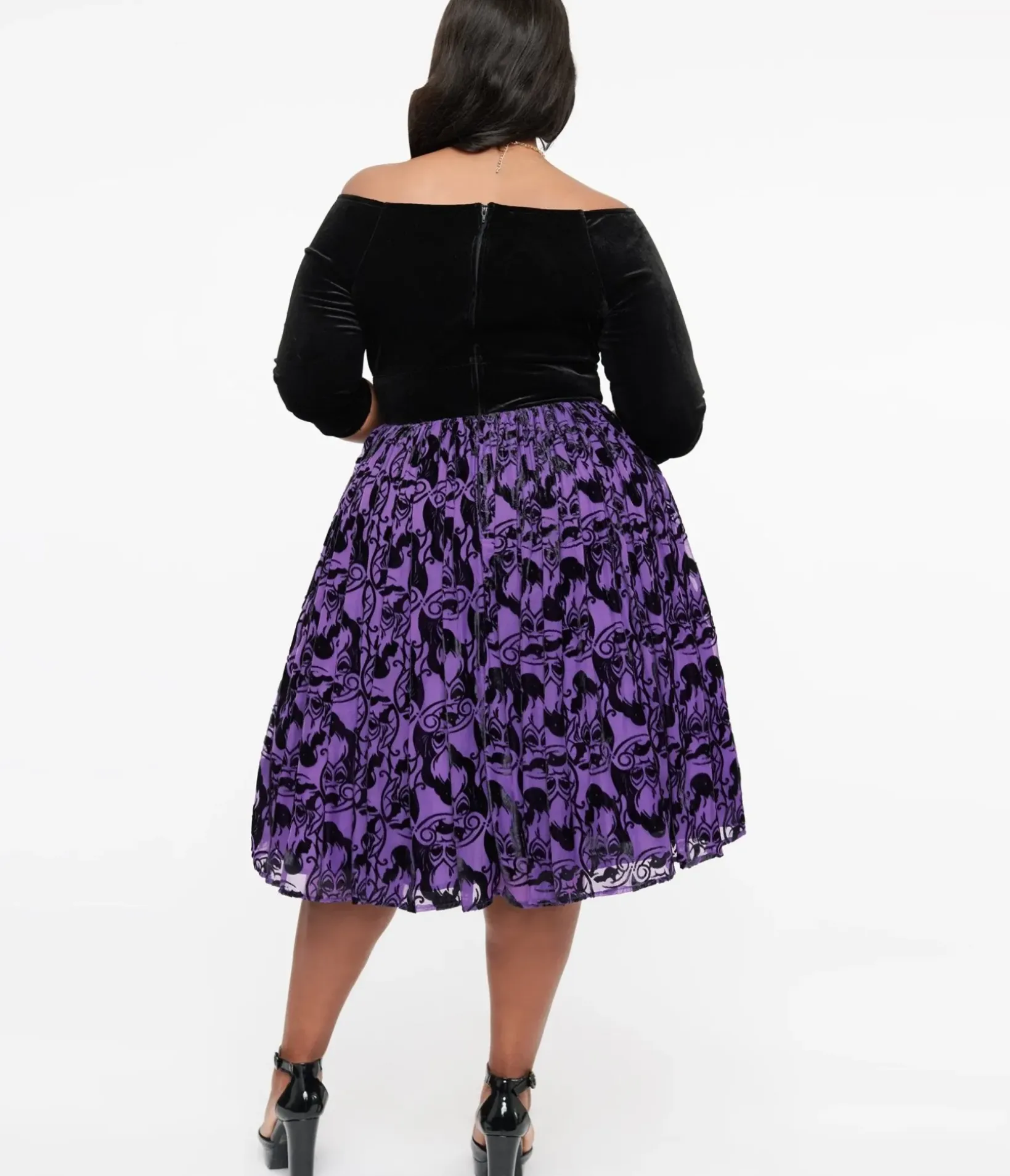 Unique Vintage Swing|Pocket Dresses>Disney Princess collection by Plus Size Purple & Black Ursula Burnout Velvet Marceline Swing Dress