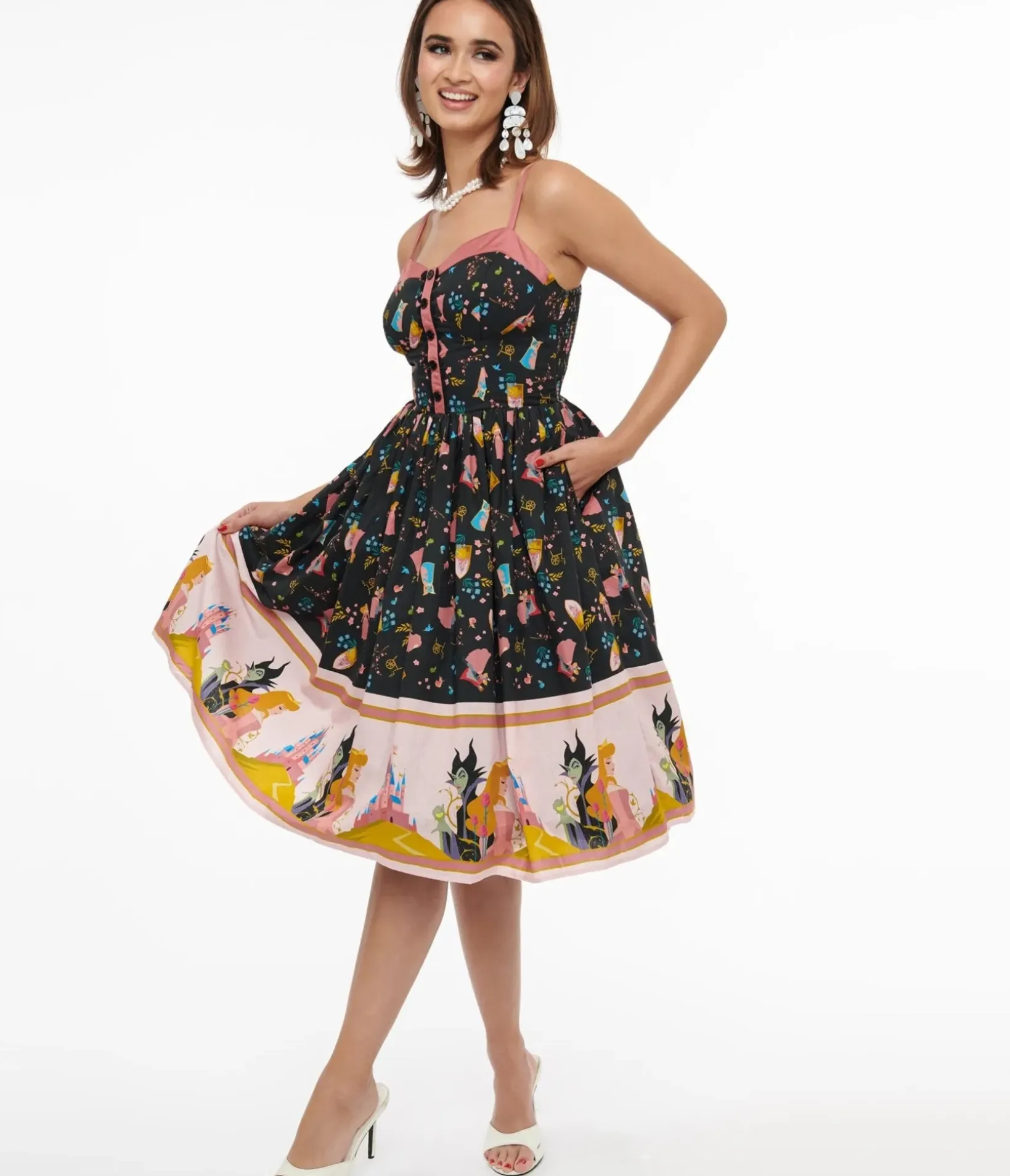 Unique Vintage Swing|Everyday Dresses>Disney Princess collection by Sleeping Beauty Print Swing Dress