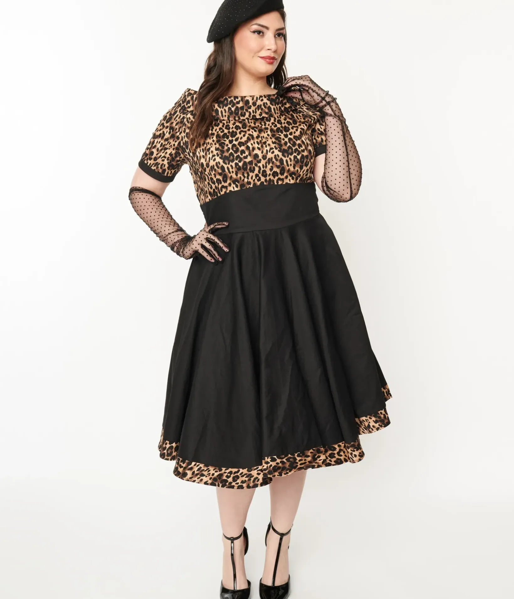 Unique Vintage Swing|Swing>Dolly & Dotty Black & Leopard Print Darlene Swing Dress