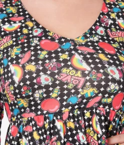 Unique Vintage Fit & Flare|Pocket Dresses>Dolly & Dotty Black & Rainbow Retro Print Flare Dress