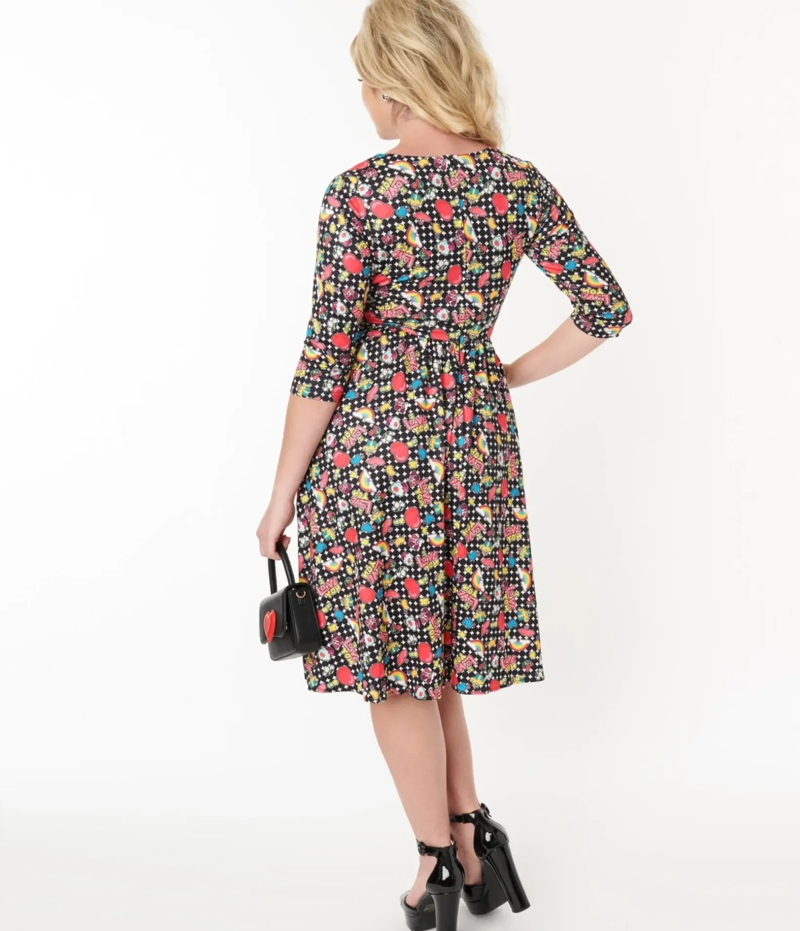 Unique Vintage Fit & Flare|Pocket Dresses>Dolly & Dotty Black & Rainbow Retro Print Flare Dress