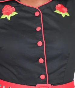 Unique Vintage Swing|Swing>Dolly & Dotty Black & Red Trim Embroidered Sherry Swing Dress
