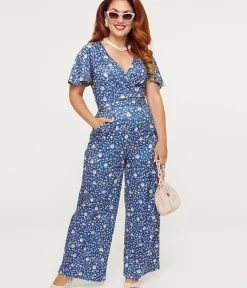 Unique Vintage Pocket Dresses>Dolly & Dotty Blue Floral & Hedgehog Print Charlotte Jumpsuit