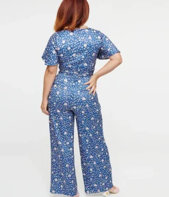 Unique Vintage Pocket Dresses>Dolly & Dotty Blue Floral & Hedgehog Print Charlotte Jumpsuit