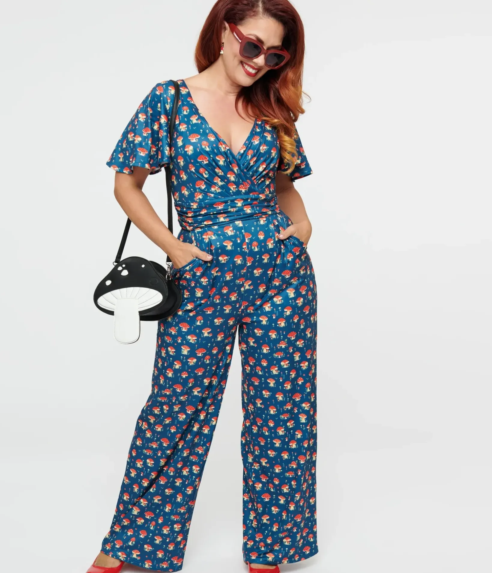 Unique Vintage Pocket Dresses>Dolly & Dotty Blue Mushroom Print Charlotte Jumpsuit