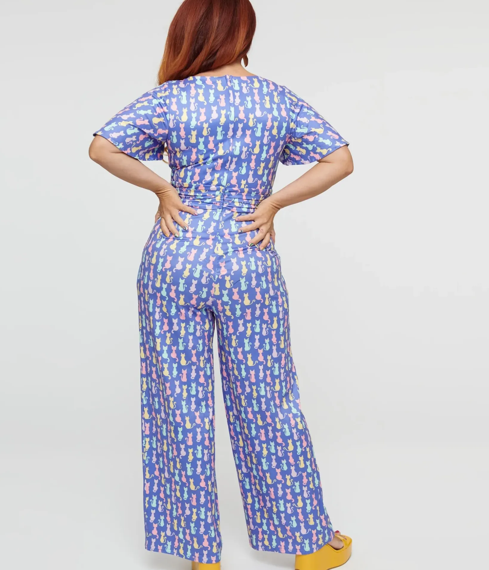 Unique Vintage Pocket Dresses>Dolly & Dotty Purple Cats Print Charlotte Jumpsuit