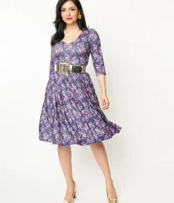 Unique Vintage Fit & Flare|Everyday Dresses>Dolly & Dotty Purple Dragonfly Floral Print Billie Fit & Flare Dress