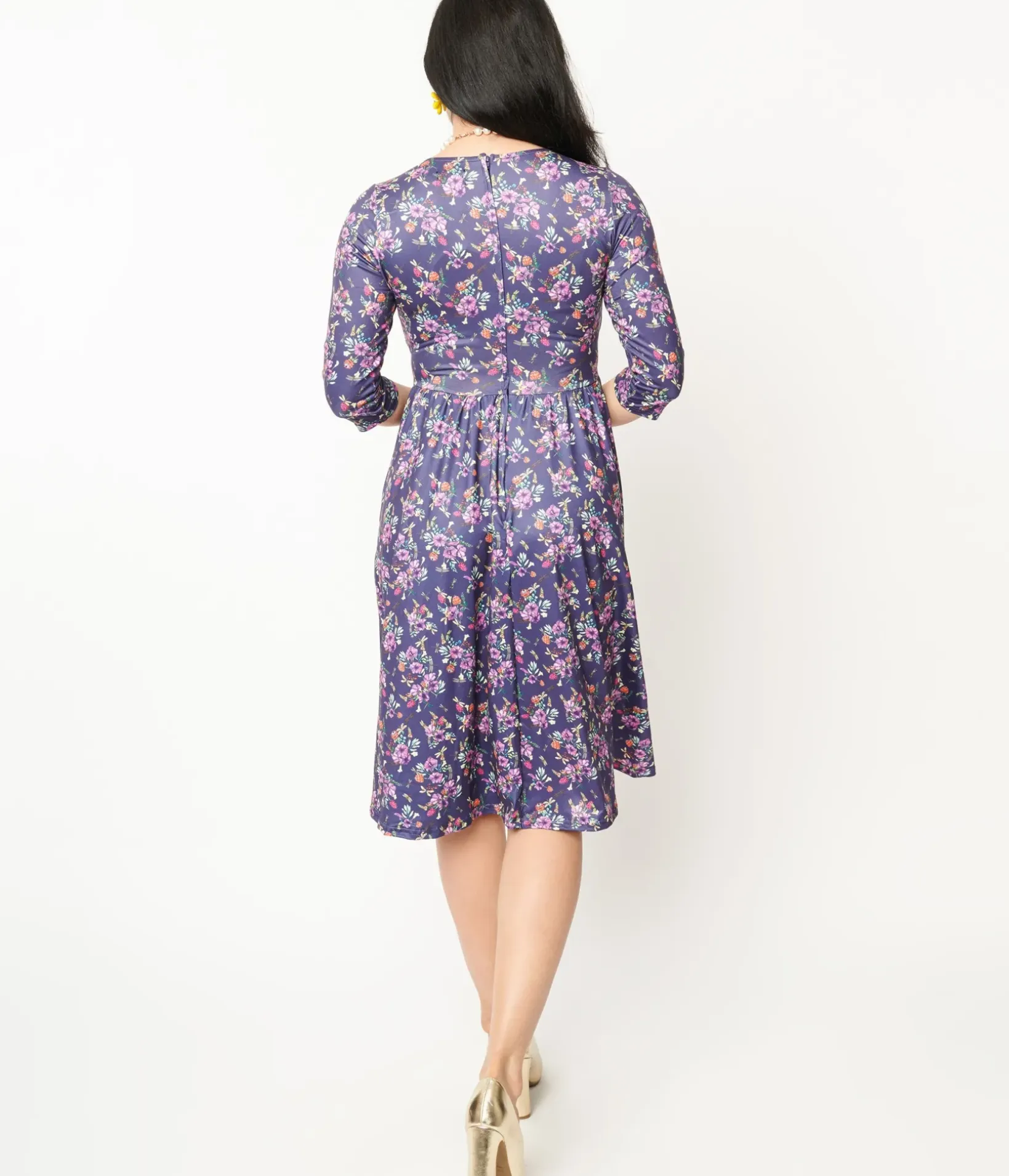 Unique Vintage Fit & Flare|Everyday Dresses>Dolly & Dotty Purple Dragonfly Floral Print Billie Fit & Flare Dress