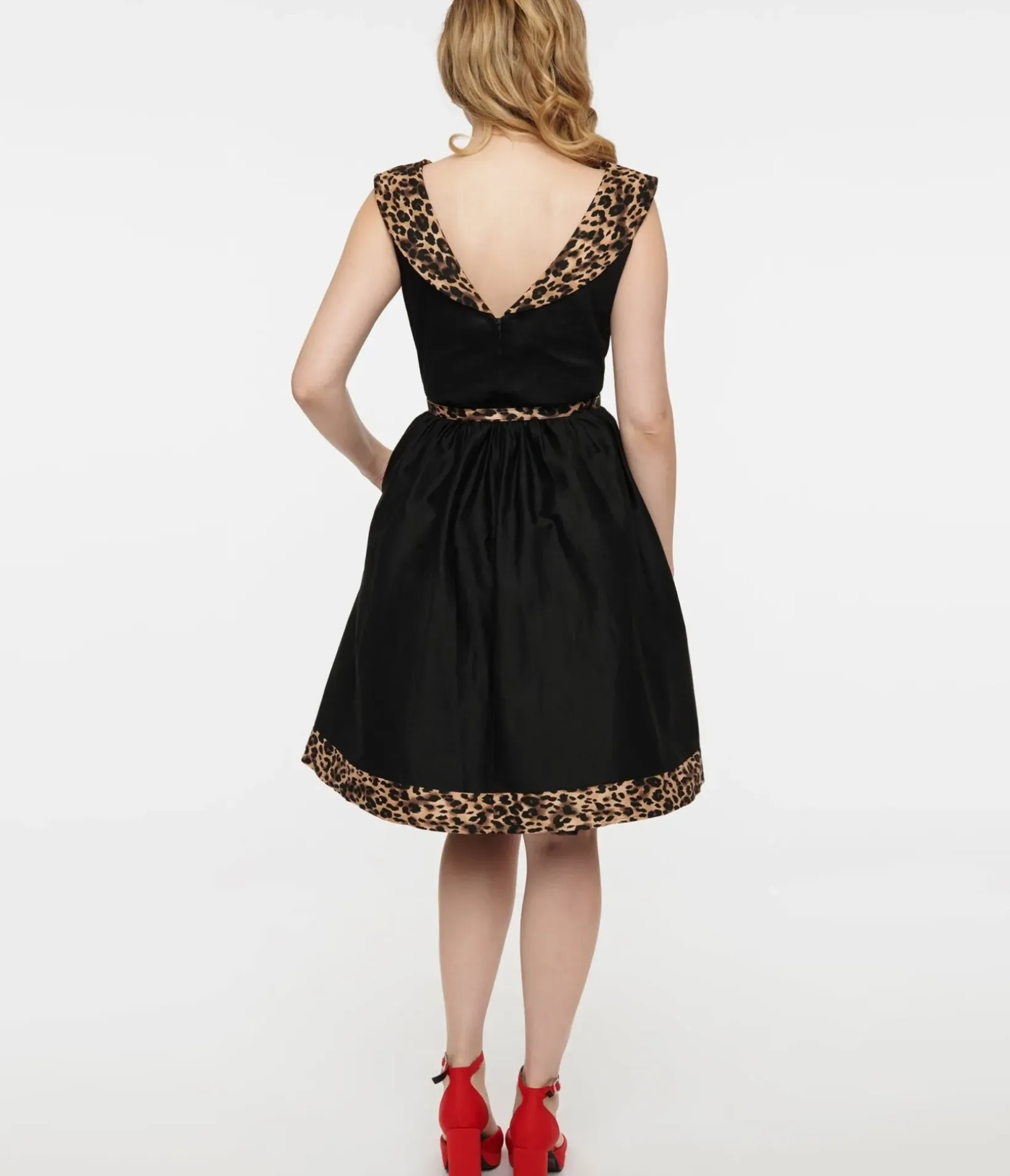 Unique Vintage Swing|Pocket Dresses>Dolly & Dotty 1950s Black & Leopard Cindy Swing Dress