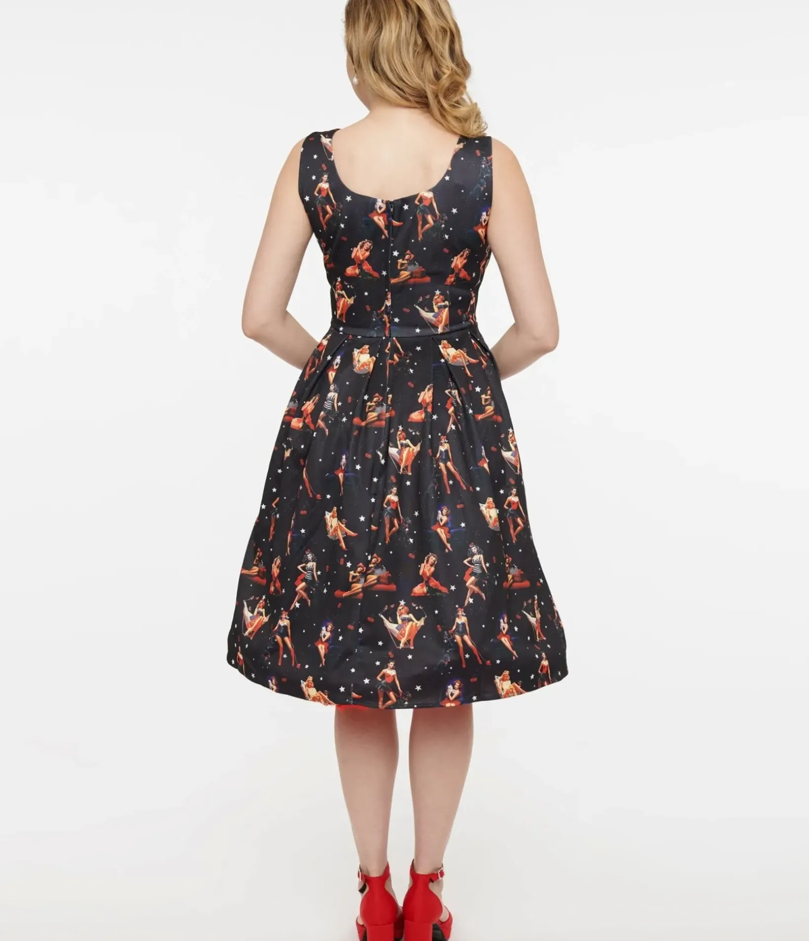 Unique Vintage Swing|Pocket Dresses>Dolly & Dotty 1950s Black & Pinup Print Amanda Swing Dress
