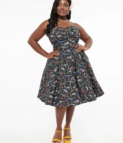 Unique Vintage Swing|Pocket Dresses>Dolly & Dotty 1950s Black & Rainbow Fossil Print Strapless Cotton Swing Dress