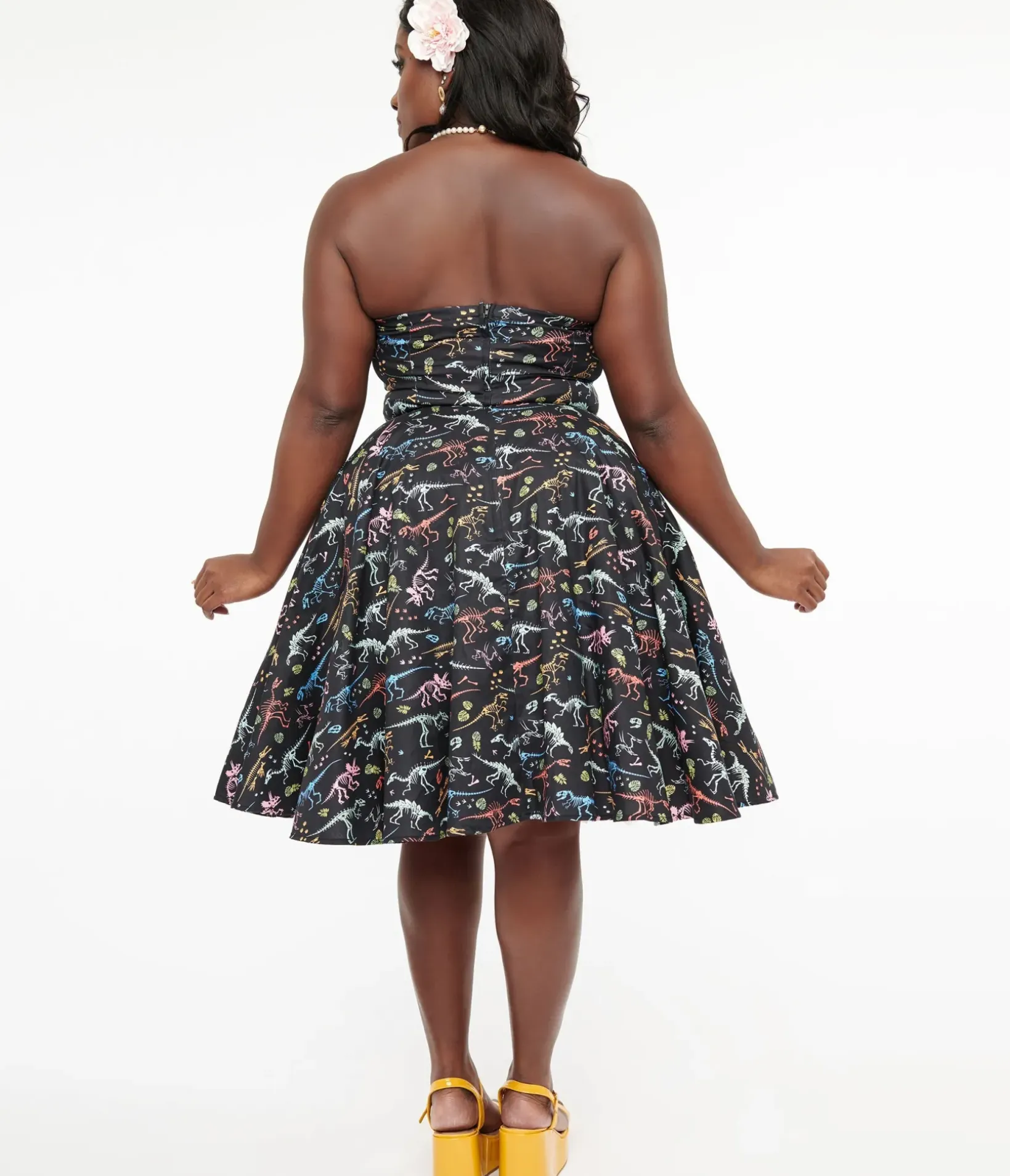 Unique Vintage Swing|Pocket Dresses>Dolly & Dotty 1950s Black & Rainbow Fossil Print Strapless Cotton Swing Dress