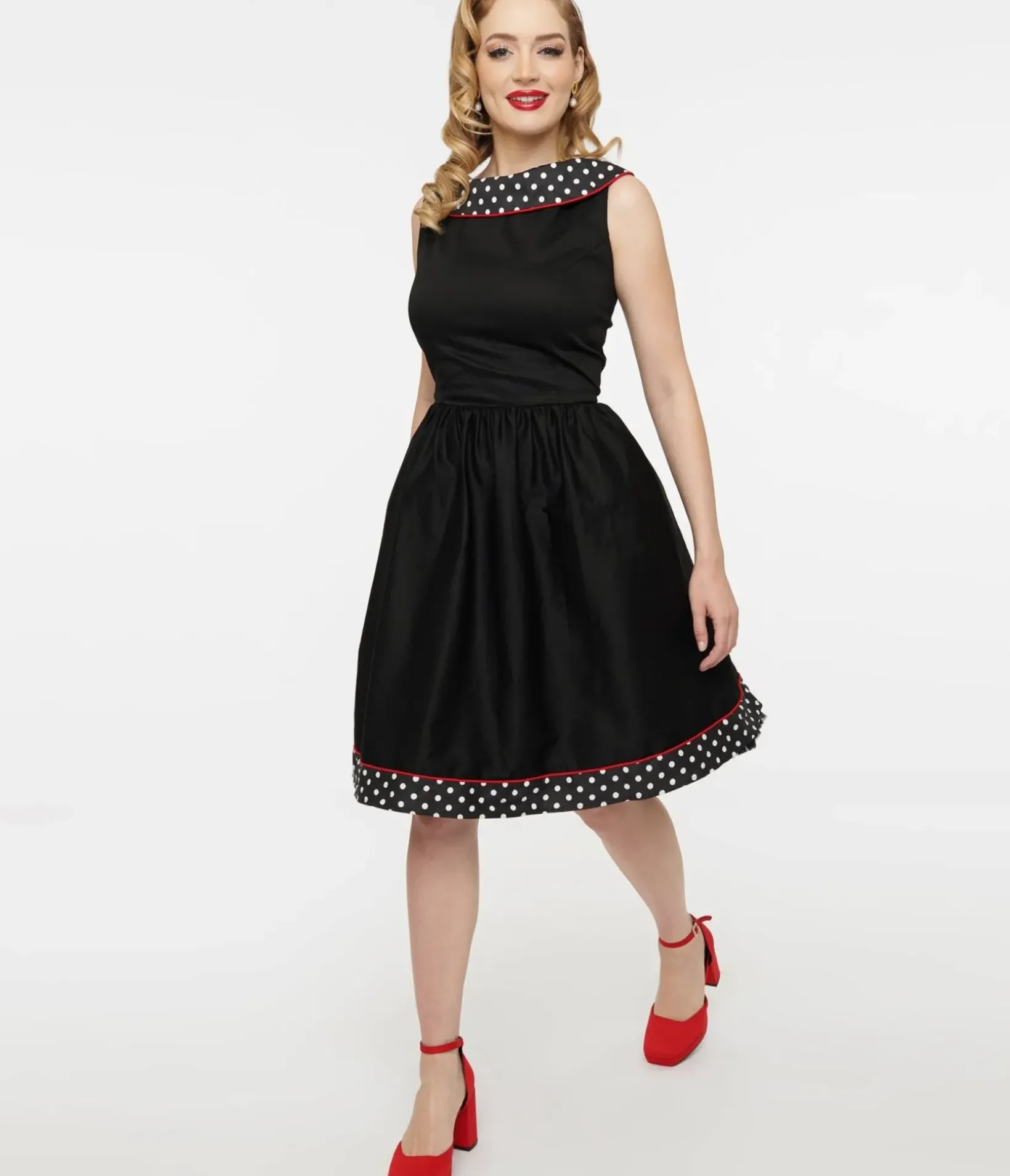 Unique Vintage Swing|Pocket Dresses>Dolly & Dotty 1950s Black & White Polka Dot Cindy Swing Dress