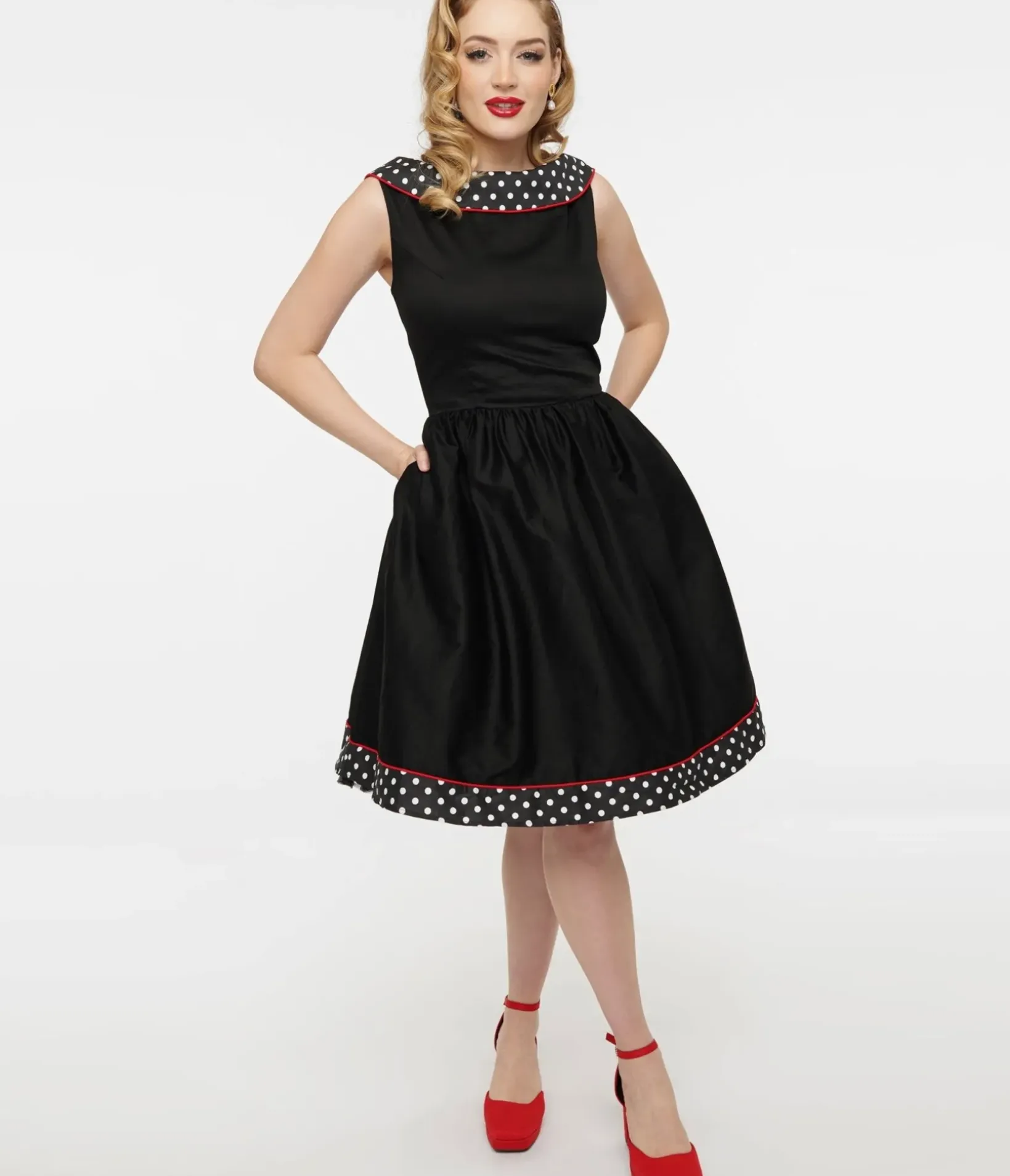 Unique Vintage Swing|Pocket Dresses>Dolly & Dotty 1950s Black & White Polka Dot Cindy Swing Dress