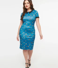 Unique Vintage Pencil|Pencil>Dolly & Dotty 1950s Blue Otter Print Toni Wiggle Dress