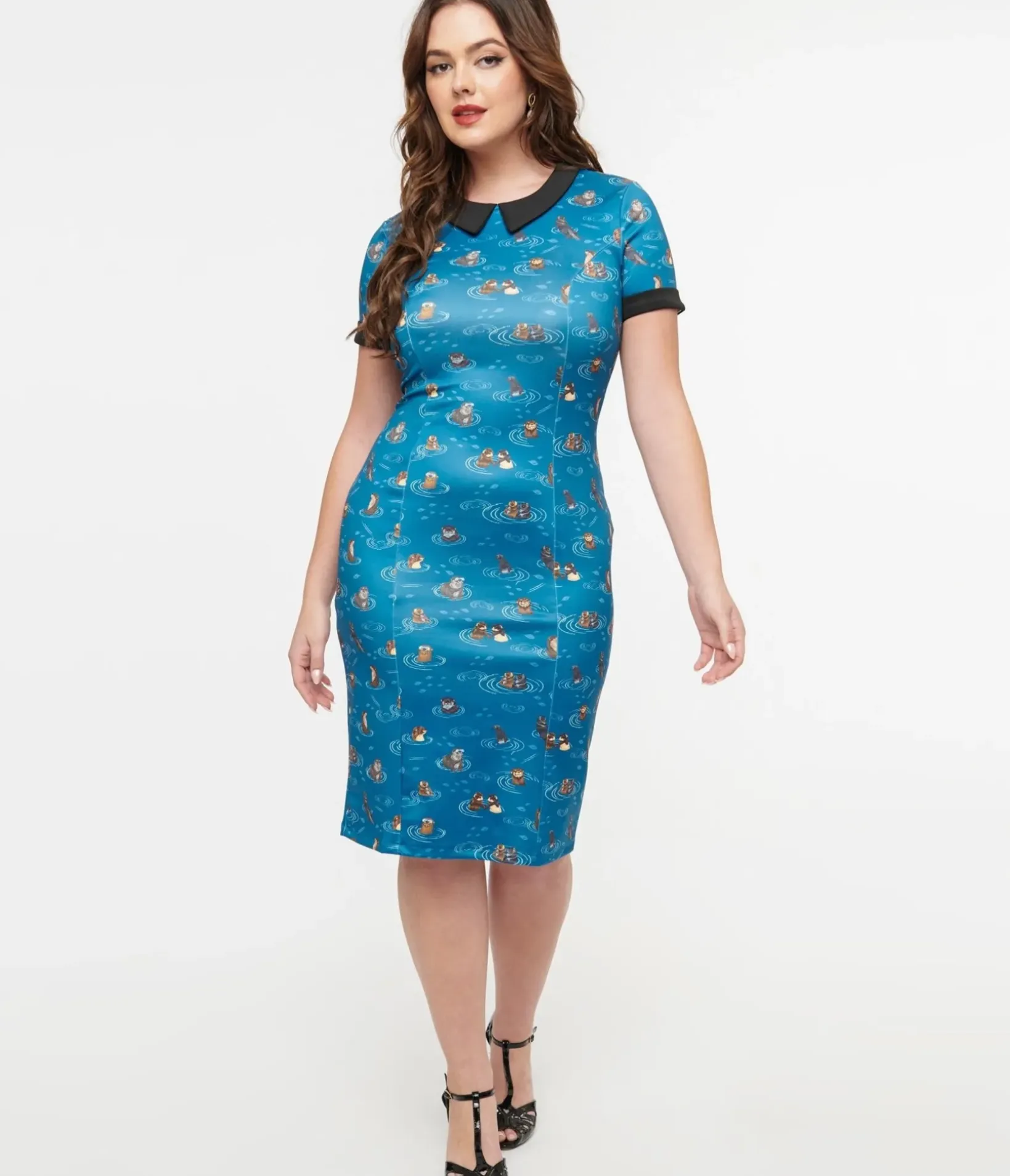 Unique Vintage Pencil|Pencil>Dolly & Dotty 1950s Blue Otter Print Toni Wiggle Dress