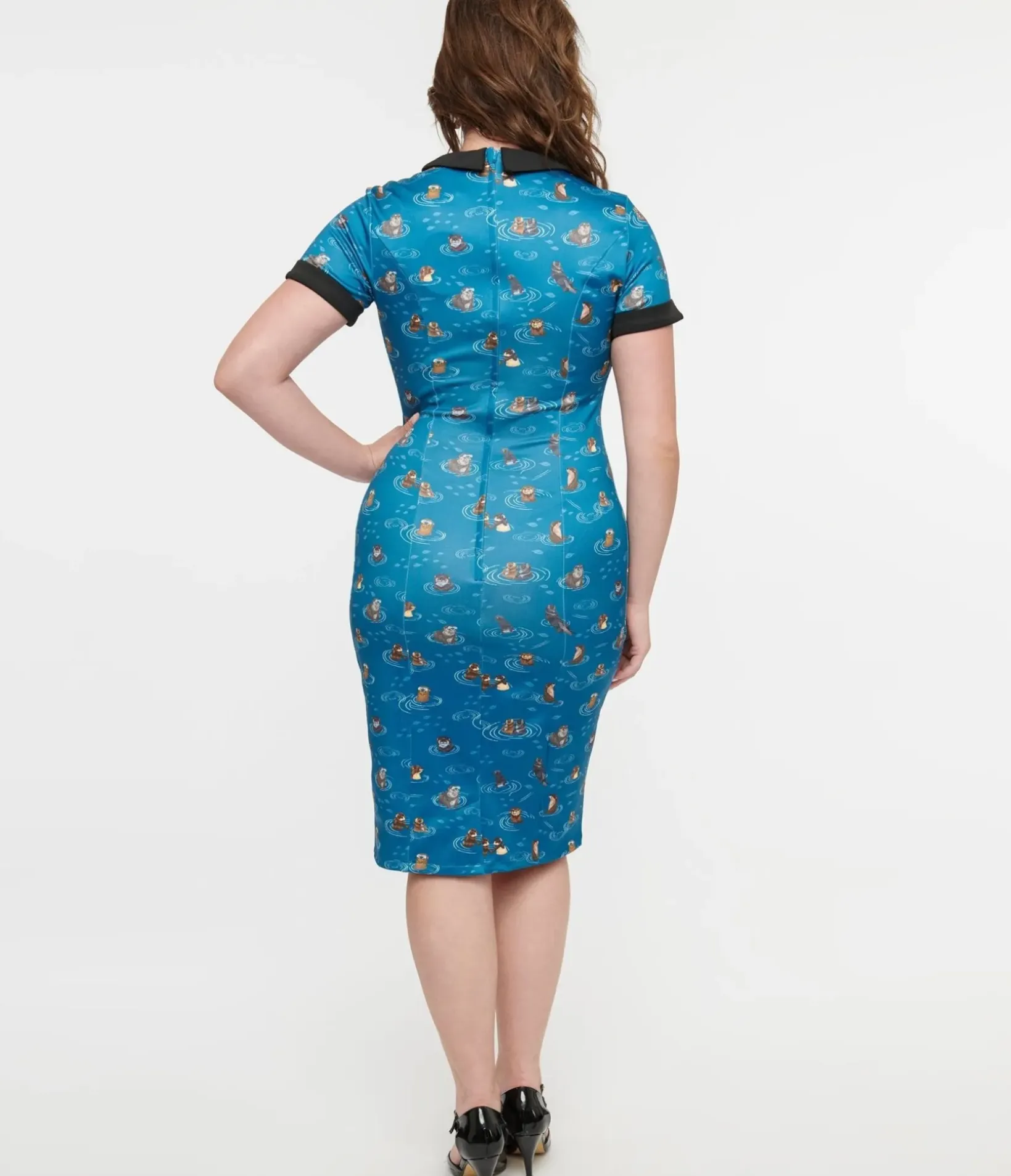 Unique Vintage Pencil|Pencil>Dolly & Dotty 1950s Blue Otter Print Toni Wiggle Dress