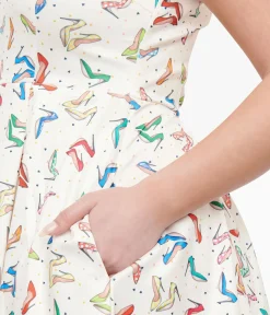 Unique Vintage Swing|Pocket Dresses>Dolly & Dotty 1950s Cream & Multicolor Heels Swing Dress