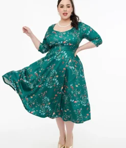 Unique Vintage Swing|Pocket Dresses>Dolly & Dotty 1950s Green Bird Print Swing Dress