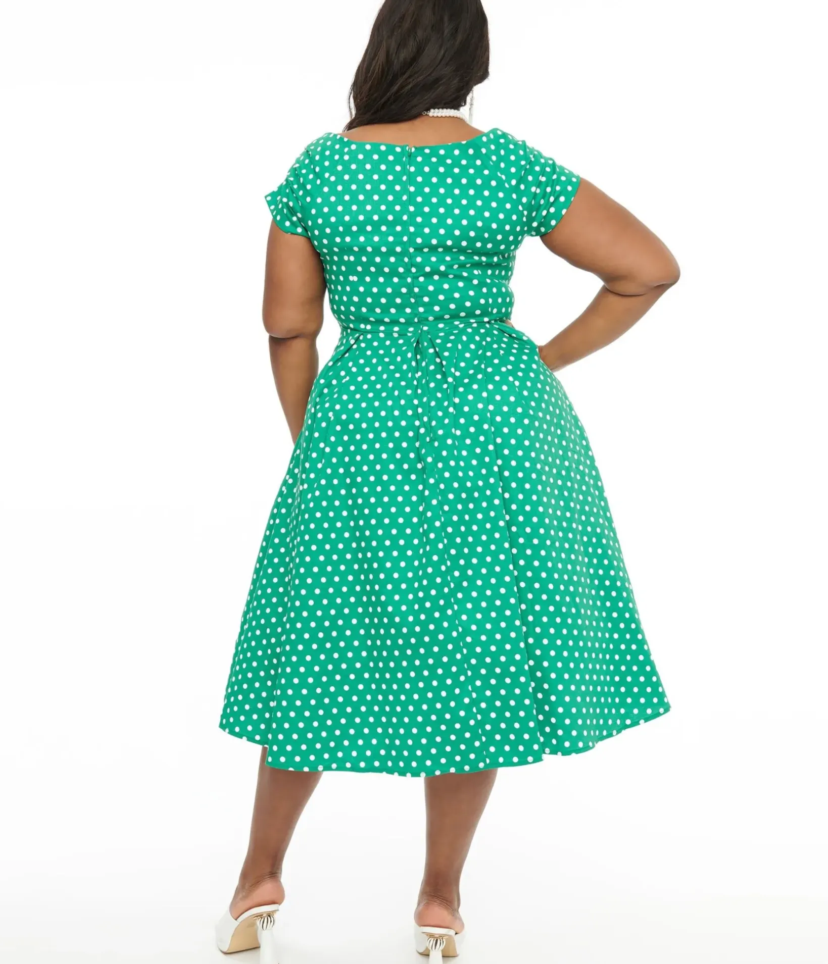 Unique Vintage Swing|Pocket Dresses>Dolly & Dotty 1950s Green & White Polka Dot Off The Shoulder Lily Swing Dress