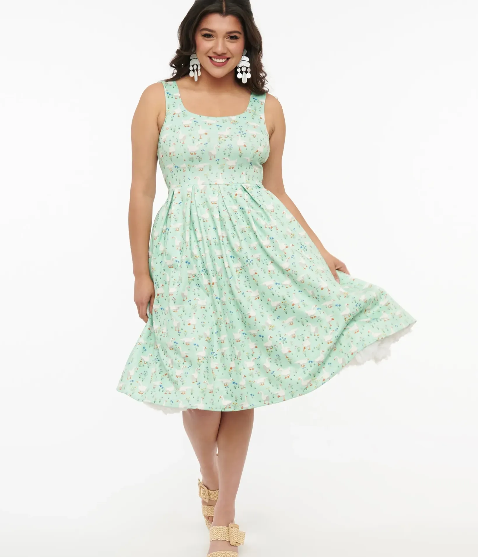Unique Vintage Swing|Pocket Dresses>Dolly & Dotty 1950s Mint Green Duck Print Amanda Swing Dress
