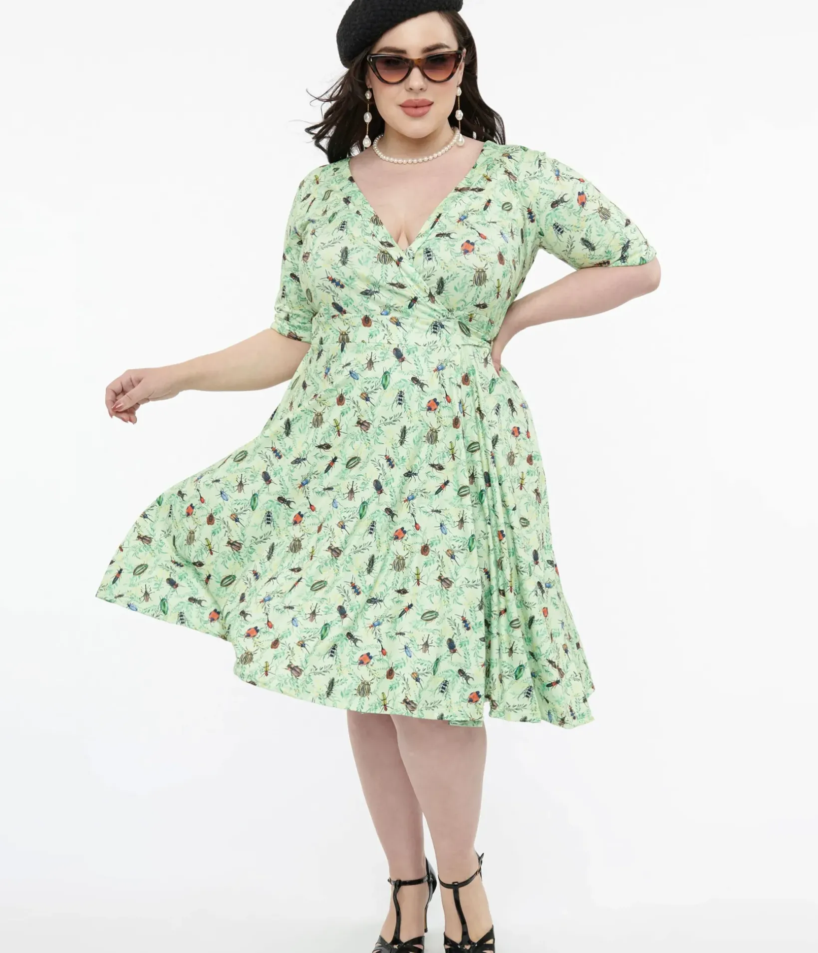 Unique Vintage Fit & Flare|Wrap Dresses>Dolly & Dotty 1950s Mint Green Nothing But Bugs Print Matilda Wrap Dress