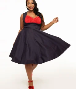 Unique Vintage Swing|Midi>Dolly & Dotty 1950s Navy & Red Grace Swing Dress